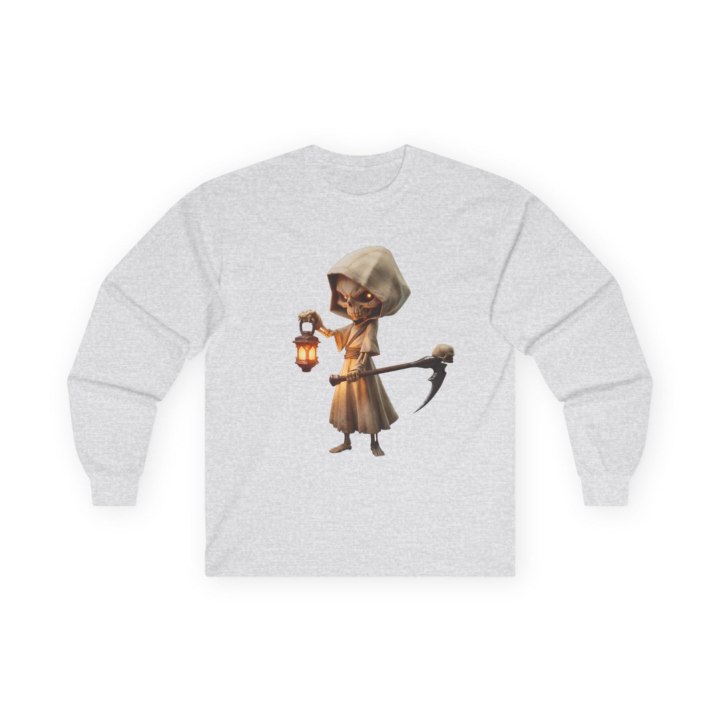 Lantern-Bearing Grim Reaper Tee – Hooded Skeleton Guardian Print