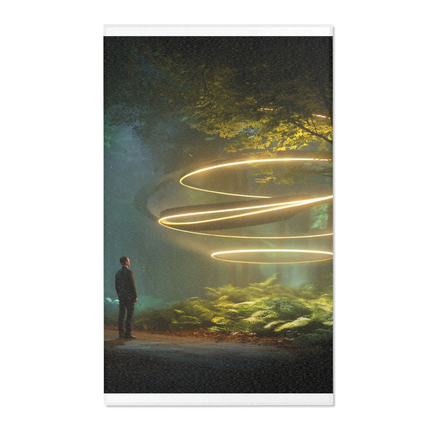 Luminous Spiral Forest Rug – Golden Orb Sanctuary