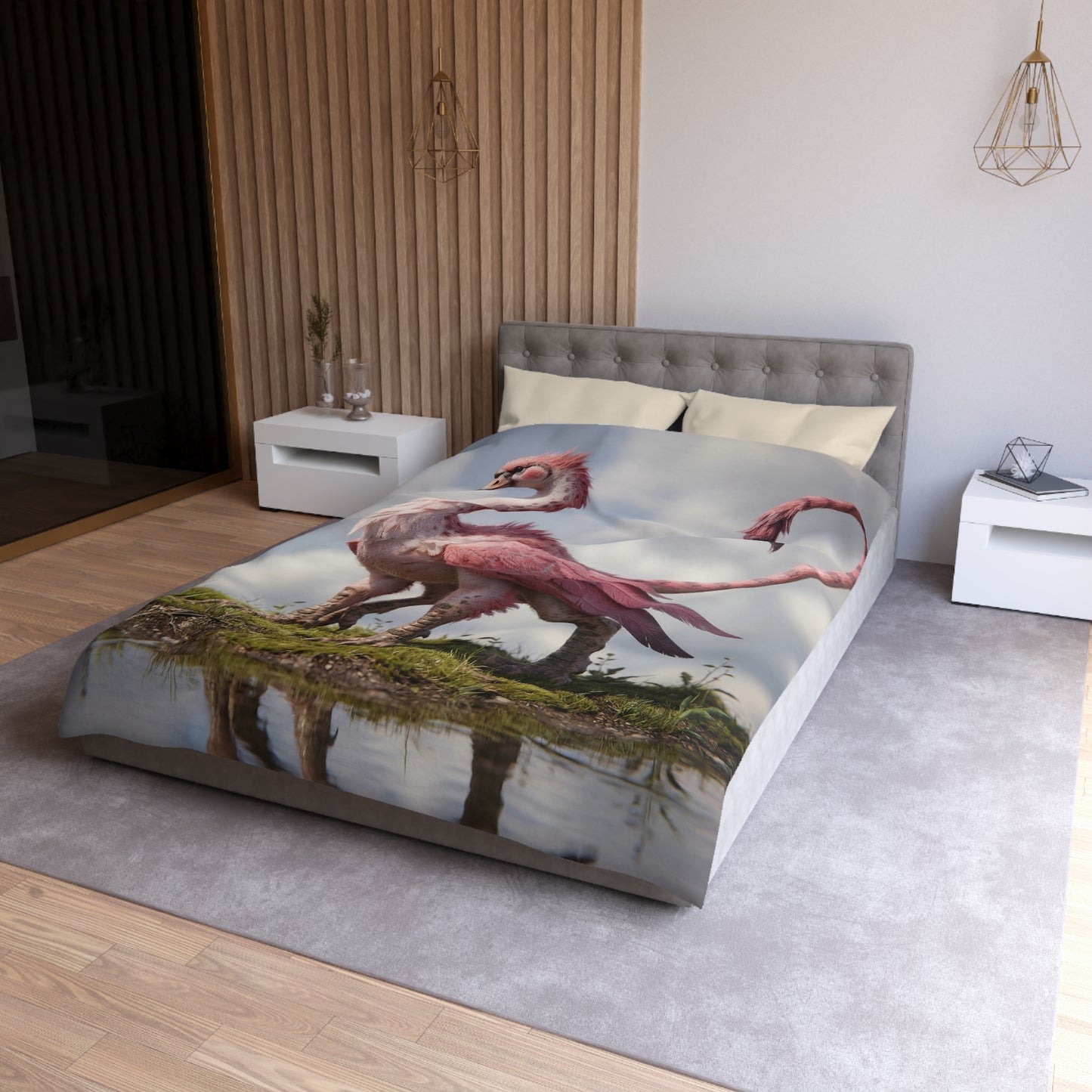 Pink Dawn Sentinel Duvet Cover – Soft Feathers on a Misty Shore
