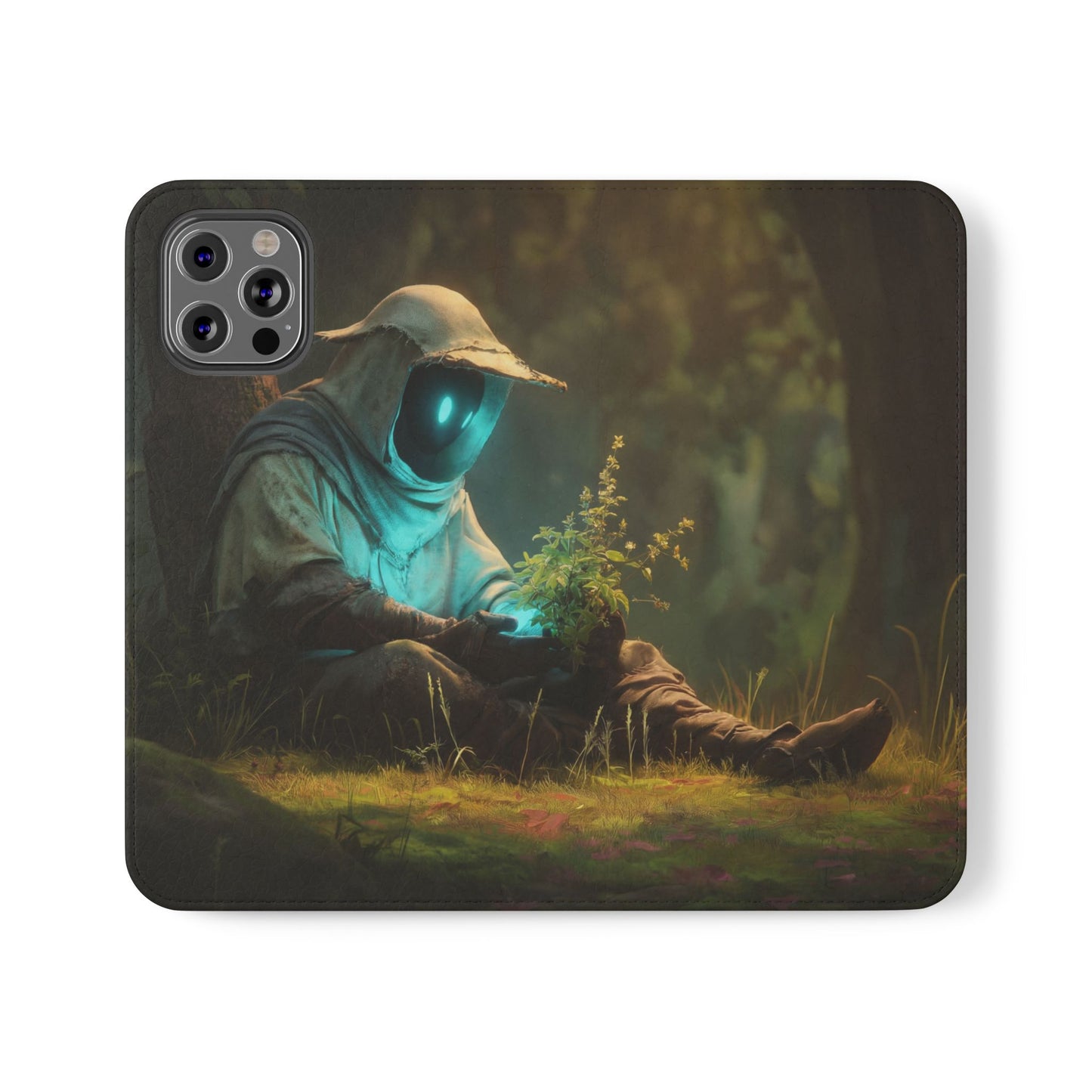 Glowing Orb Hooded Guardian Flip Cases – Bioluminescent Forest Keeper