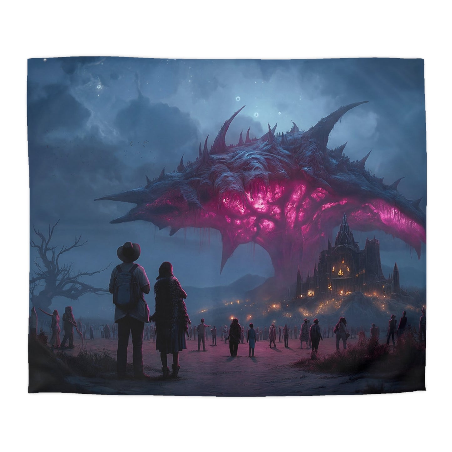 Celestial Leviathan Duvet Cover – Twilight Citadel Under a Skyward Sentinel