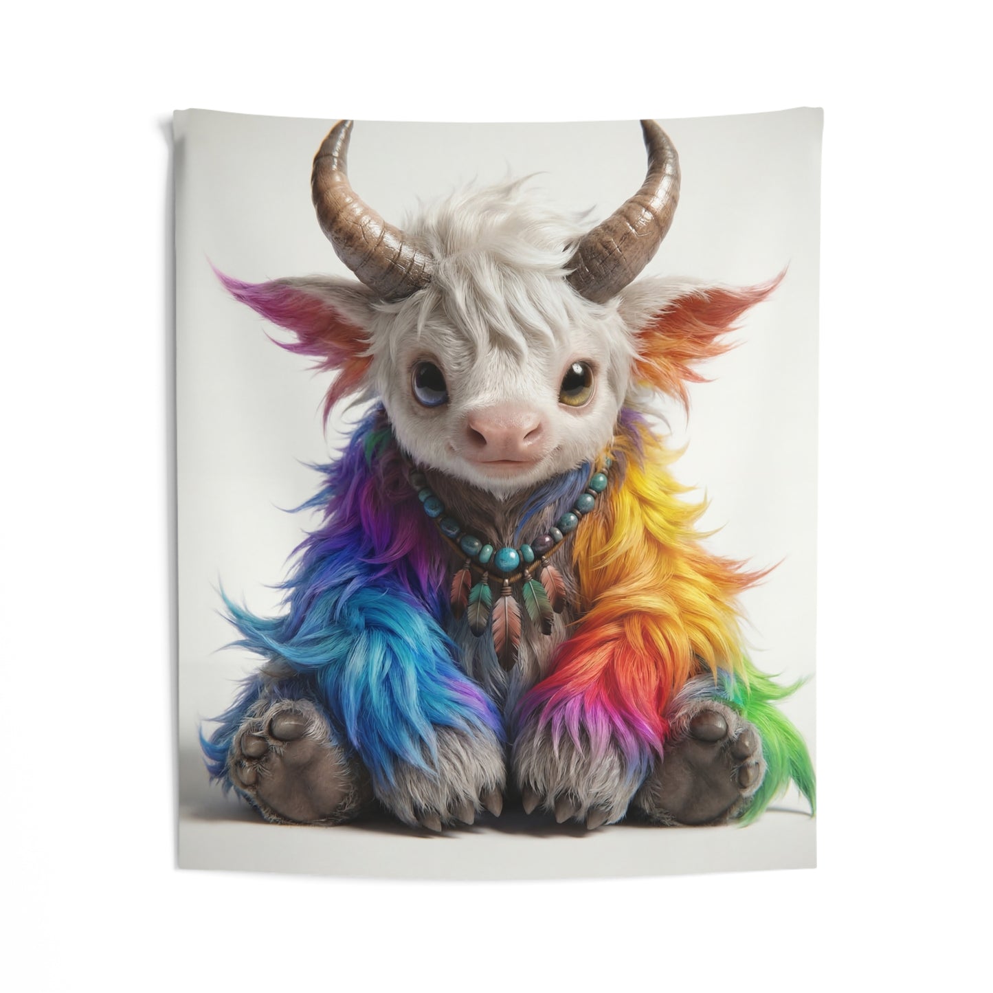 Rainbow Horned Guardian Indoor Wall Tapestries – Whimsical Spirit with Feathers and Turquoise Beads