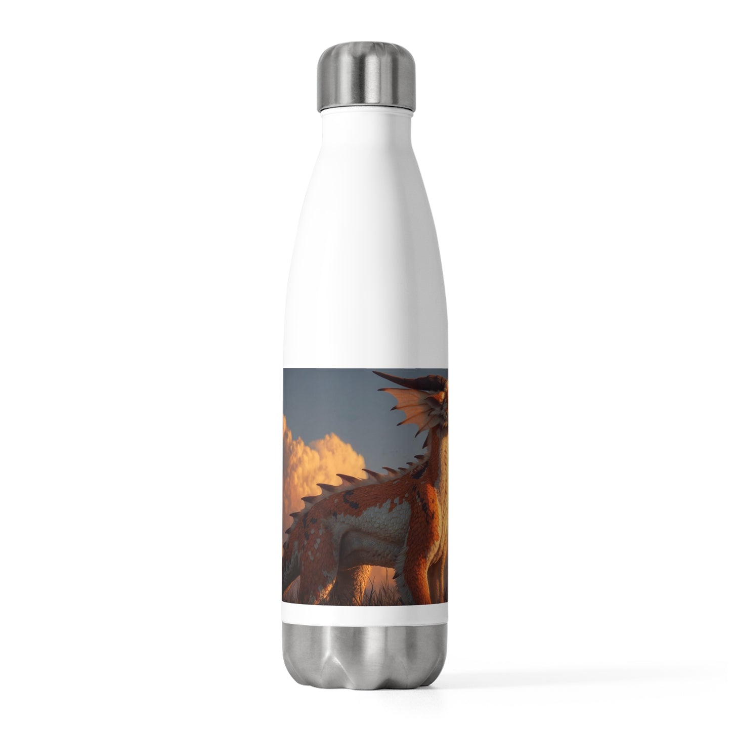 Sunset Sentinel Dragon 20oz Insulated Bottle – Warm Amber Glow Against Clouds