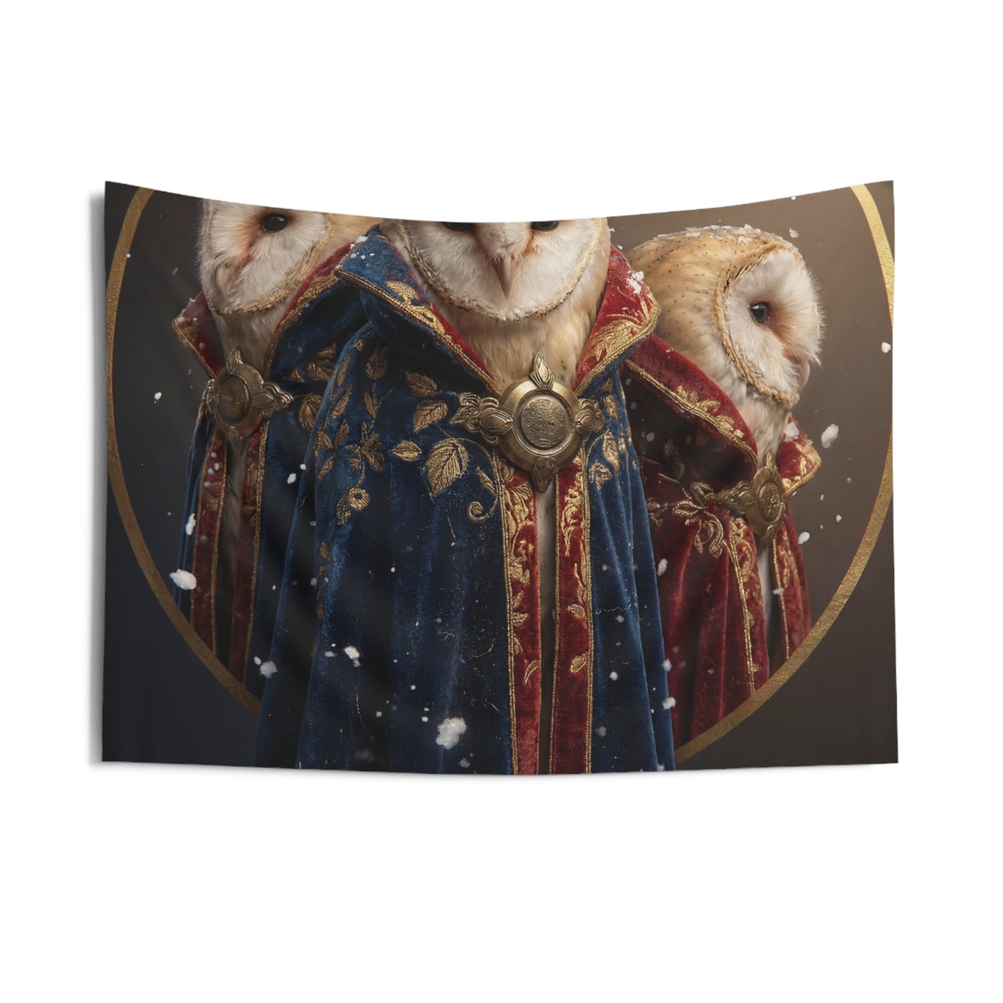 Three Owls in Velvet Robes Indoor Wall Tapestries – Winter Courtly Guardians