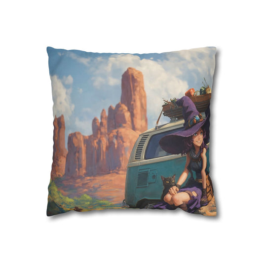 Wagon Ride Faux Suede Square Pillowcase – Desert Camper Adventure Scene