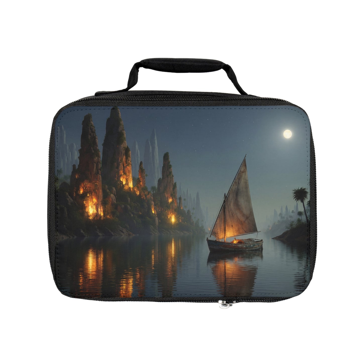 Moonlit Sailboat River Journey Lunch Bag – Warm Glow Through Whispering Peaks