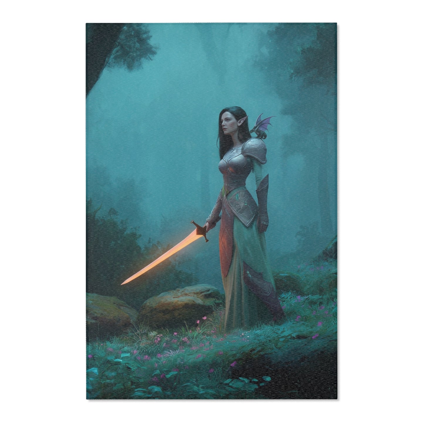 Elven Sentinel Area Rug – Twilight Grove with Glowing Blade