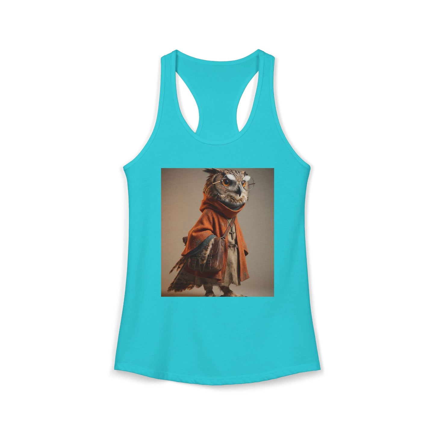Sage Owl Racerback Tank – Scholarly Sentinel with Satchel and Round Glasses