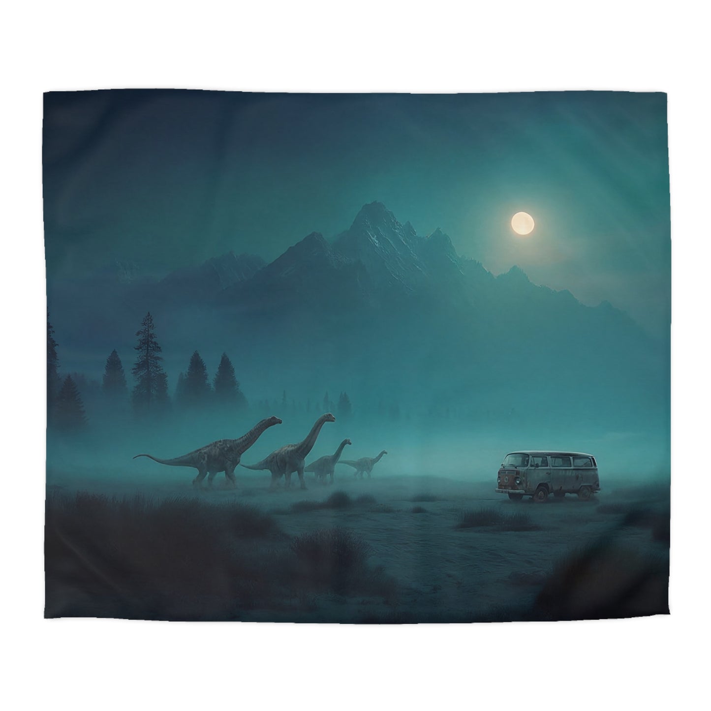 Moonlit Dinosaur Herd Microfiber Duvet Cover – Whispers of the Misty Peaks