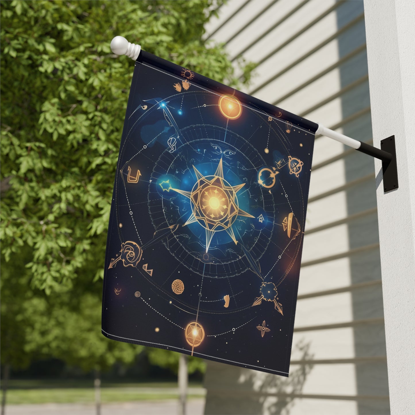 8K, high resolution detailed vector illustration poster, stars, celestial symbols, glowing accents - Garden & House Banner