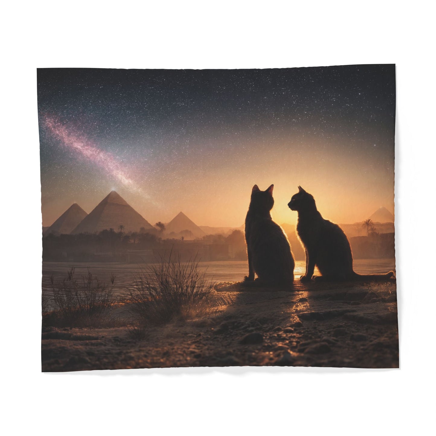 Starry Pyramids Cats Duvet Cover – Golden Nile Twilight Dreamscape