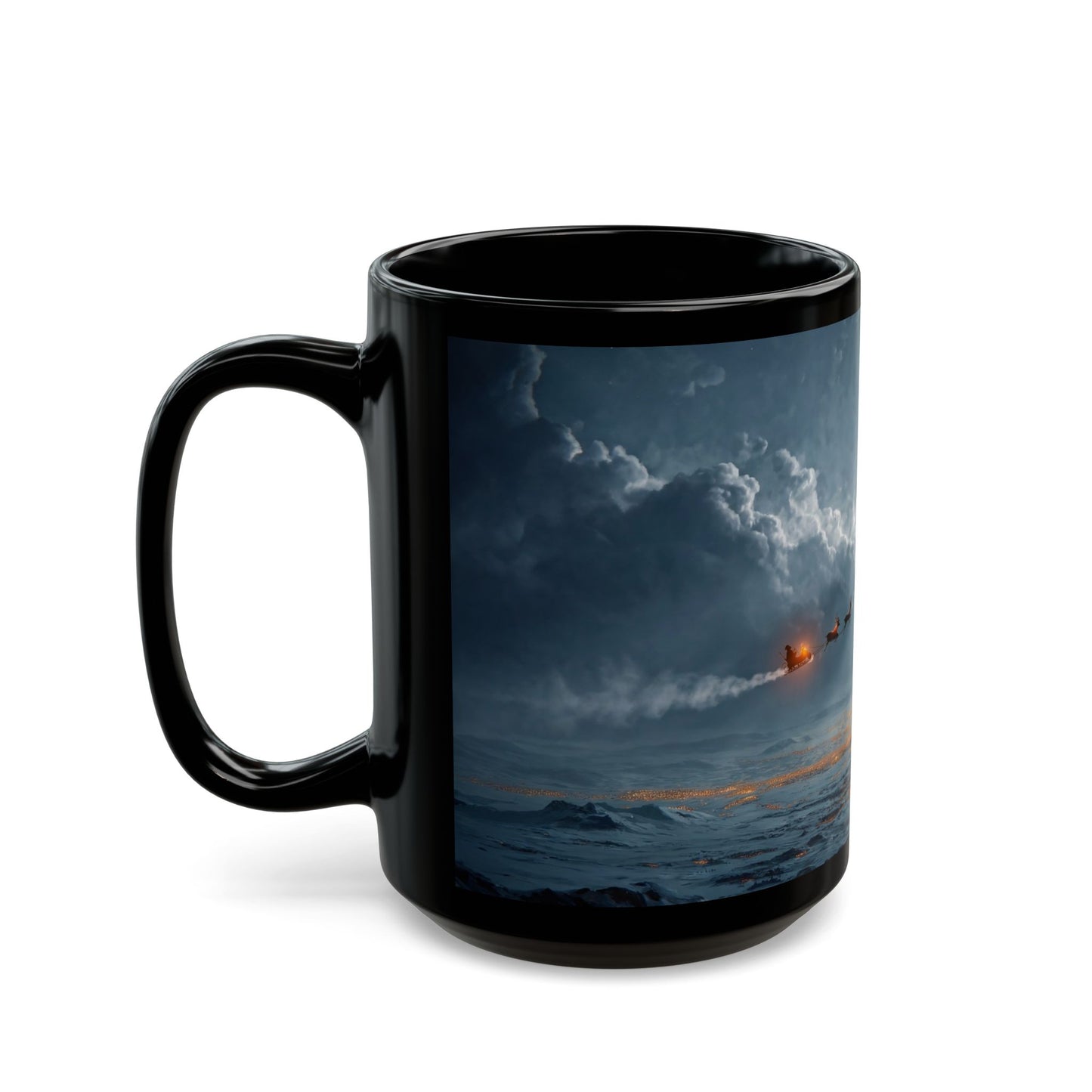 Moonlit Sleigh Ride Black Mug – Winter’s Silent Journey Over Snowy Peaks