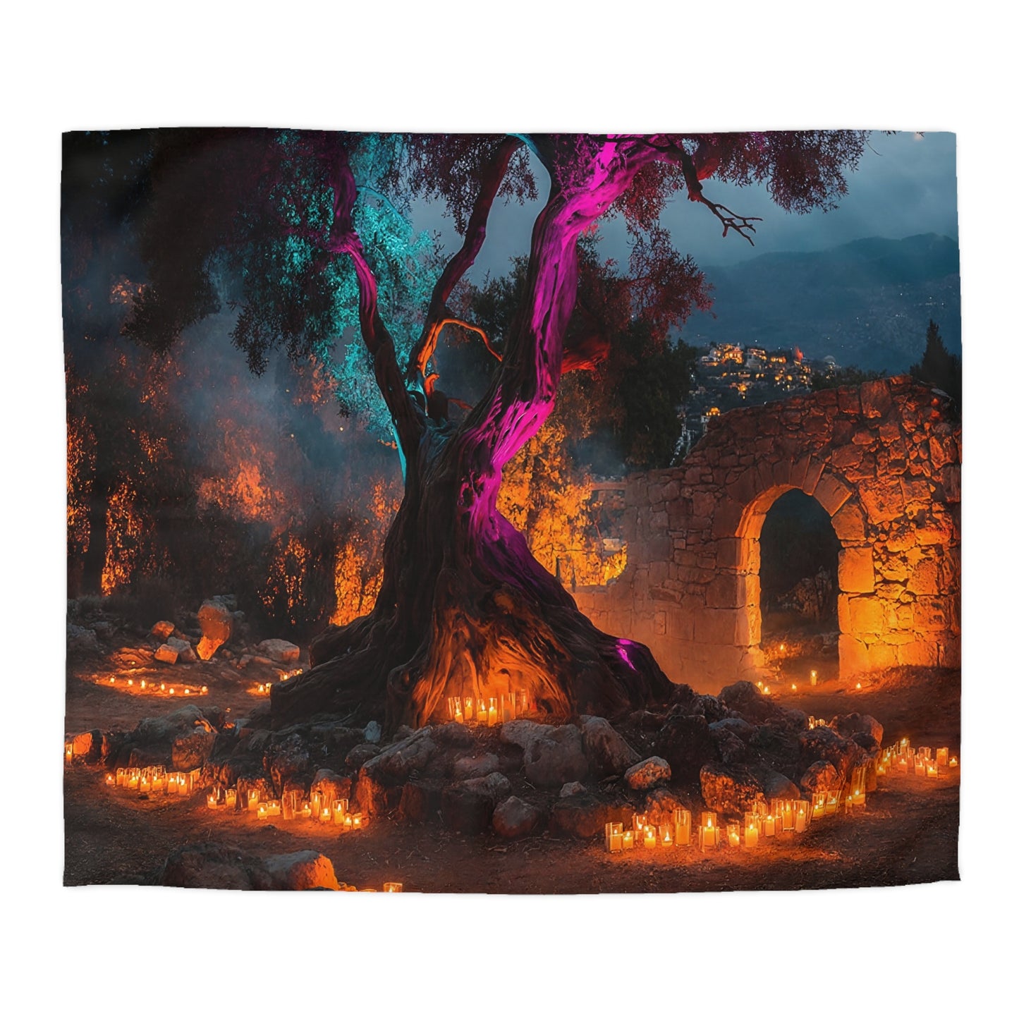 Celestial Tree Microfiber Duvet Cover – Twilight Sanctuary with Prism Lights