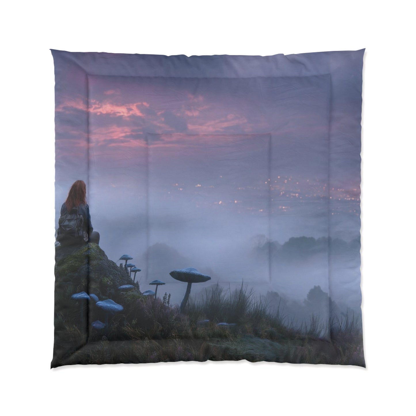 Moonlit Wanderer Comforter – Twilight Meadow with Glowing Mushrooms