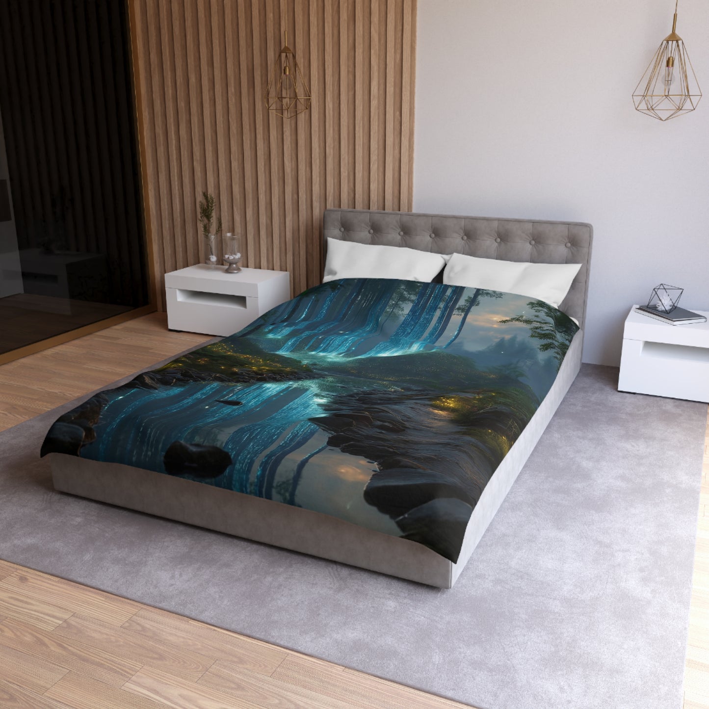 Celestial Waterfall Forest Microfiber Duvet Cover – Azure Light Reverie