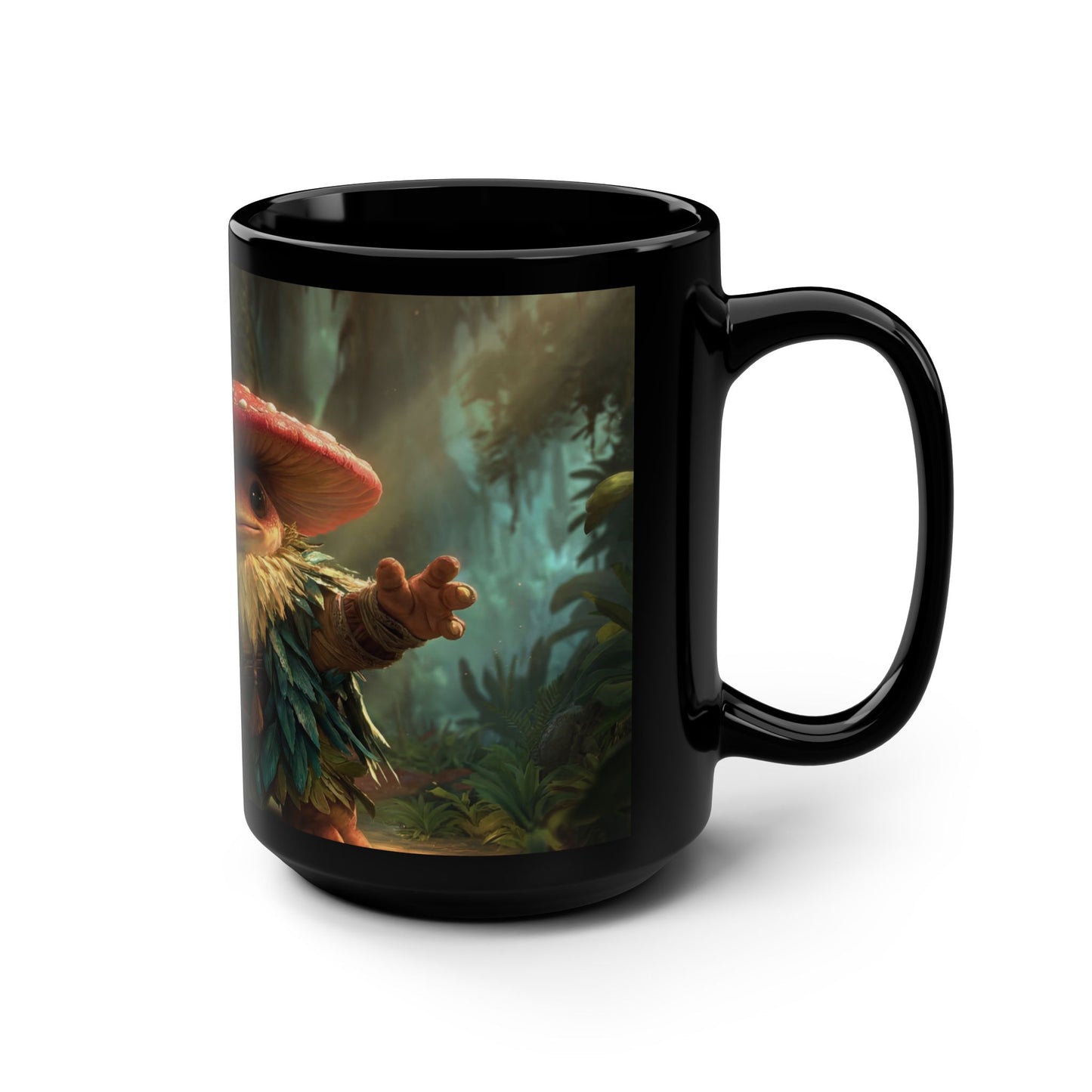 Mushroom Knight Black Mug, 15oz – Verdant Guardian with Sword