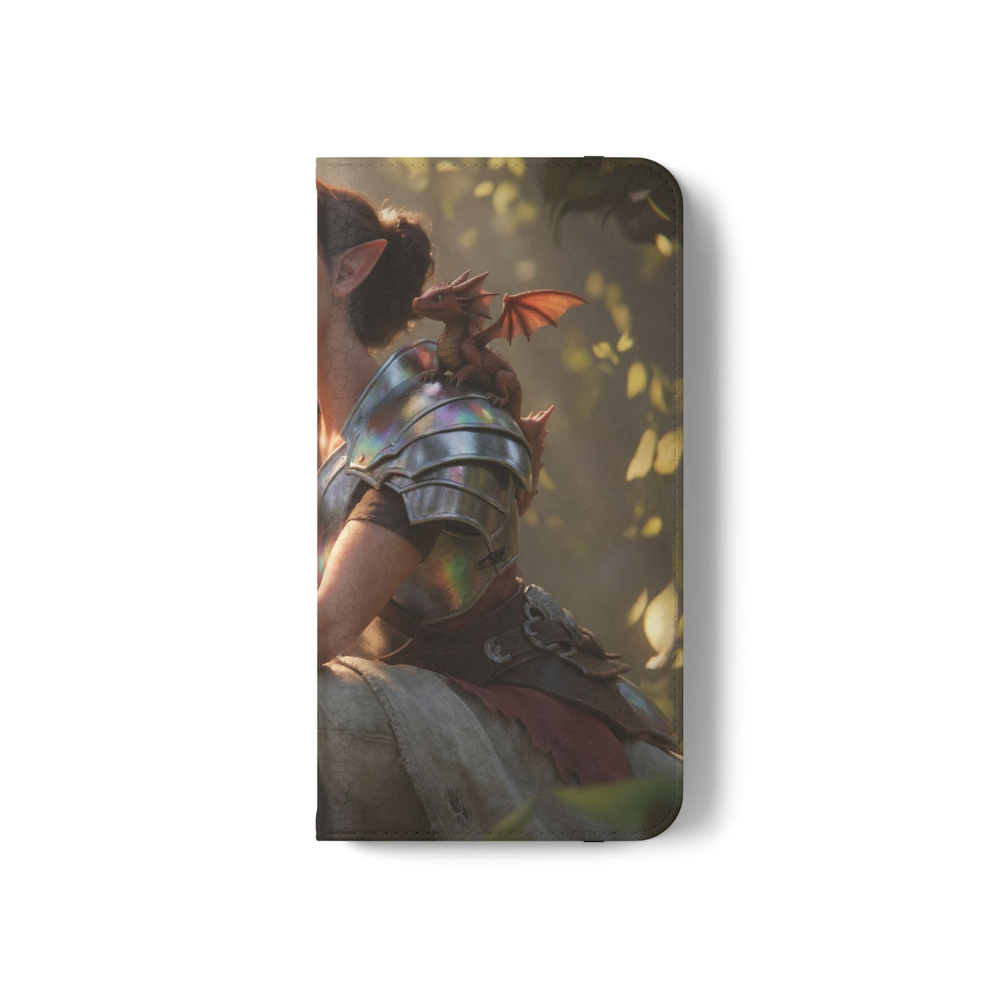 Elven Knight with Dragon Flip Cases – Iridescent Armor & Tiny Guardian Portrait