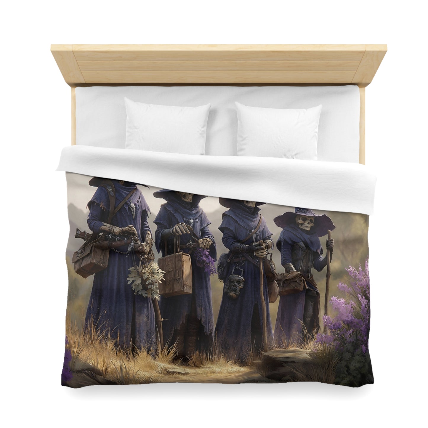 Four Wandering Skeletal Witches Microfiber Duvet Cover – Purple Hooded Guardians of the Wildflower Path