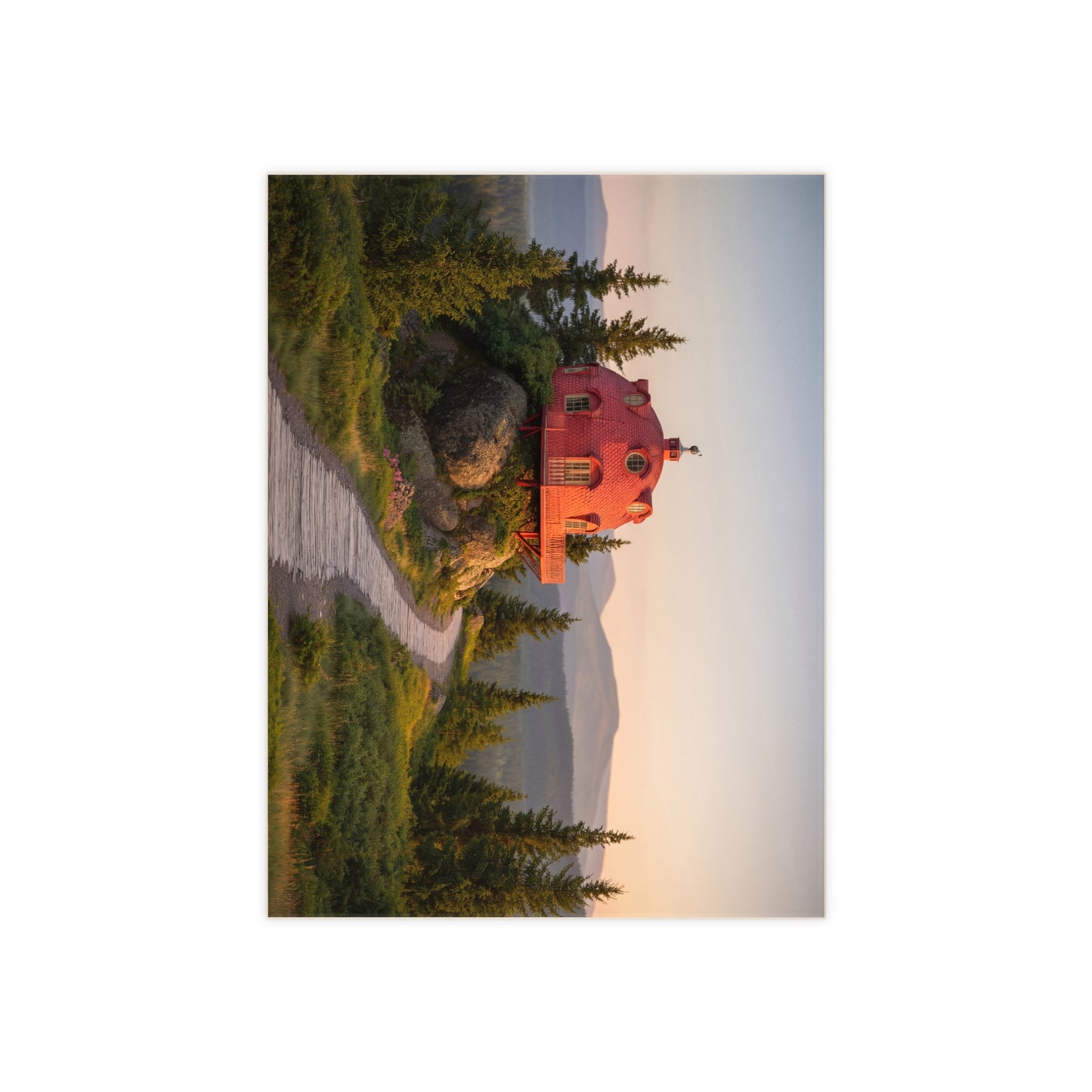 Red Dome Cottage Ceramic Photo Tile – Sunset Sanctuary on the Ridge