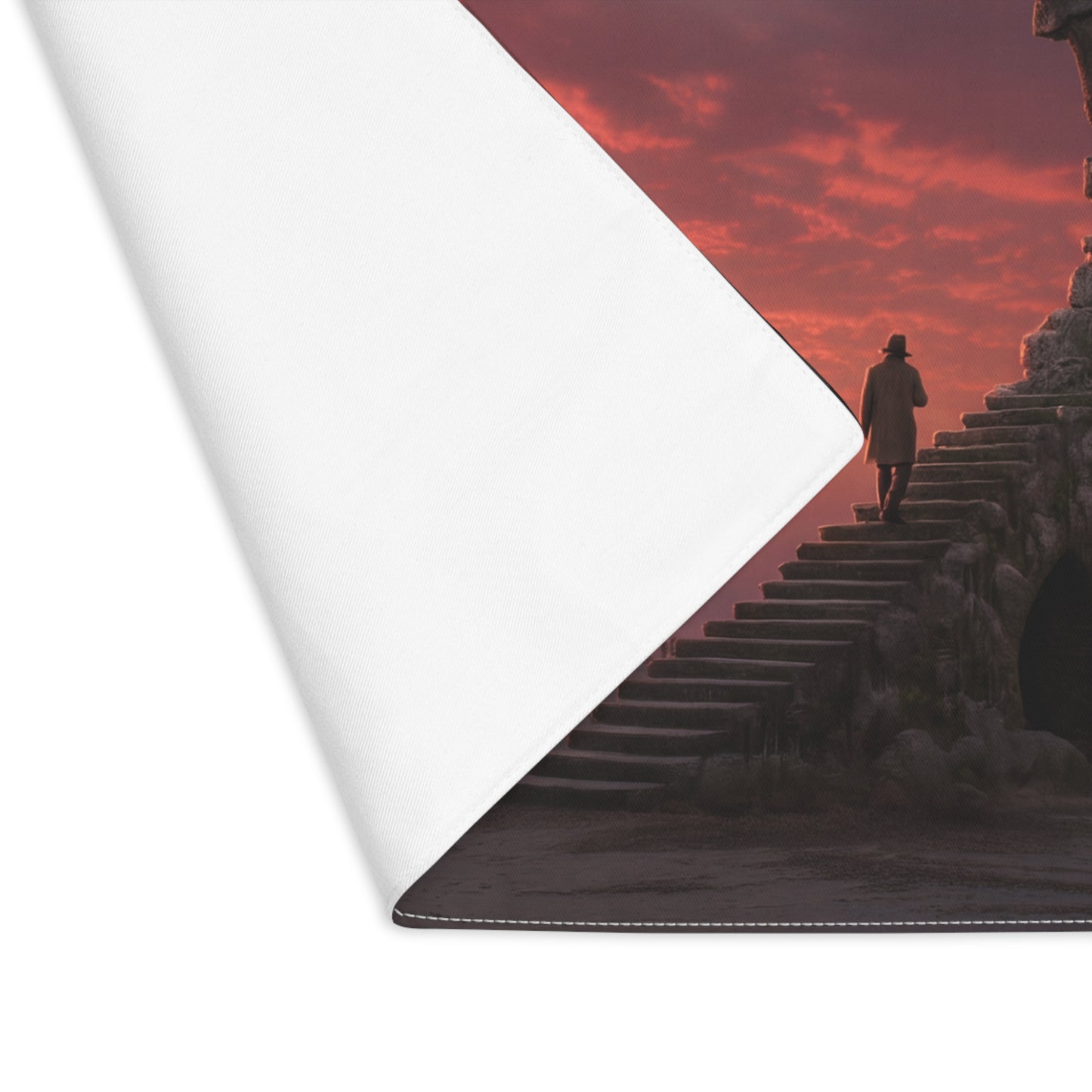 Lone Traveler on Celestial Staircase Placemat – Sunset with Crescent Moon and Desert Steps