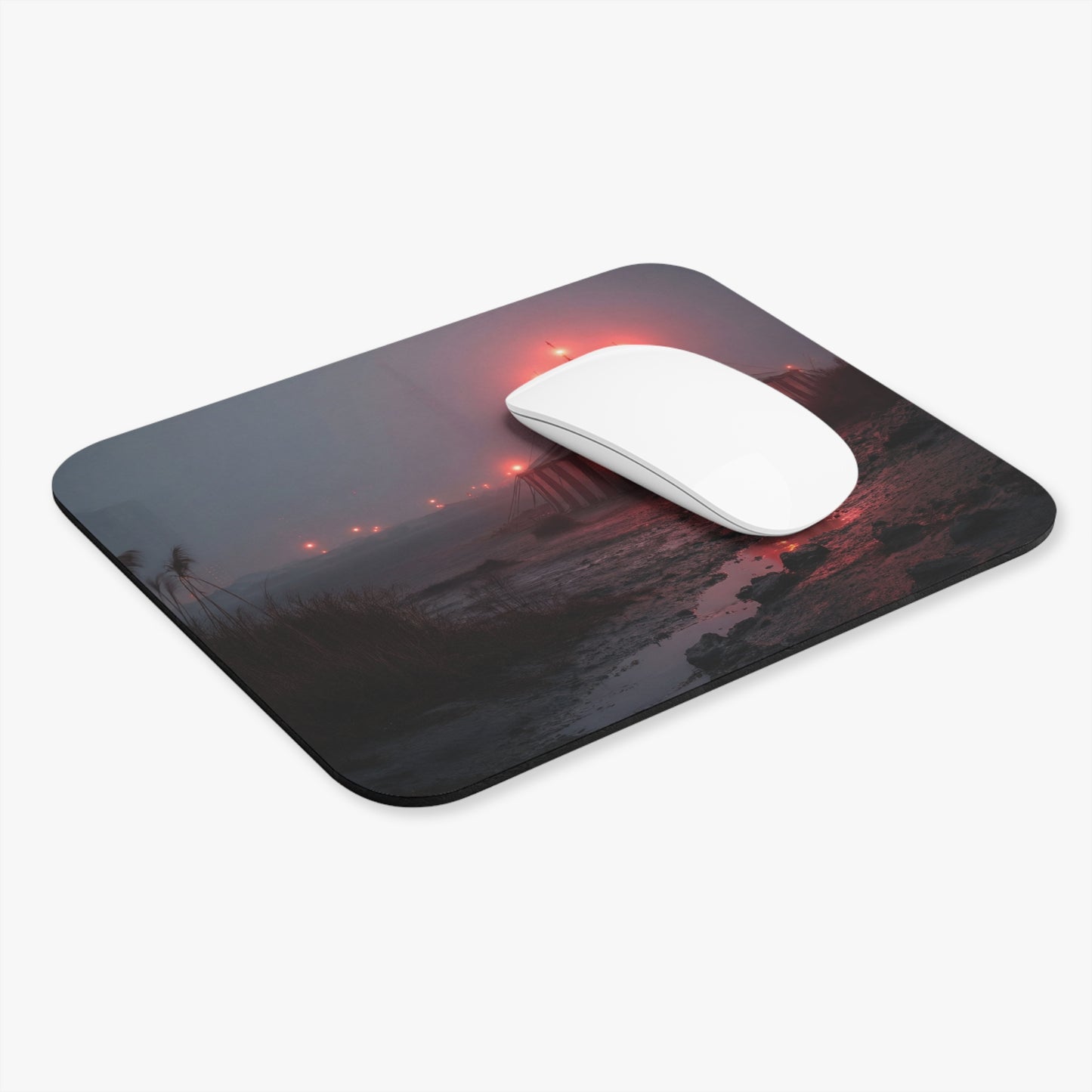 Crimson Carnival Tent Mouse Pad – Foggy Shoreline Wonder