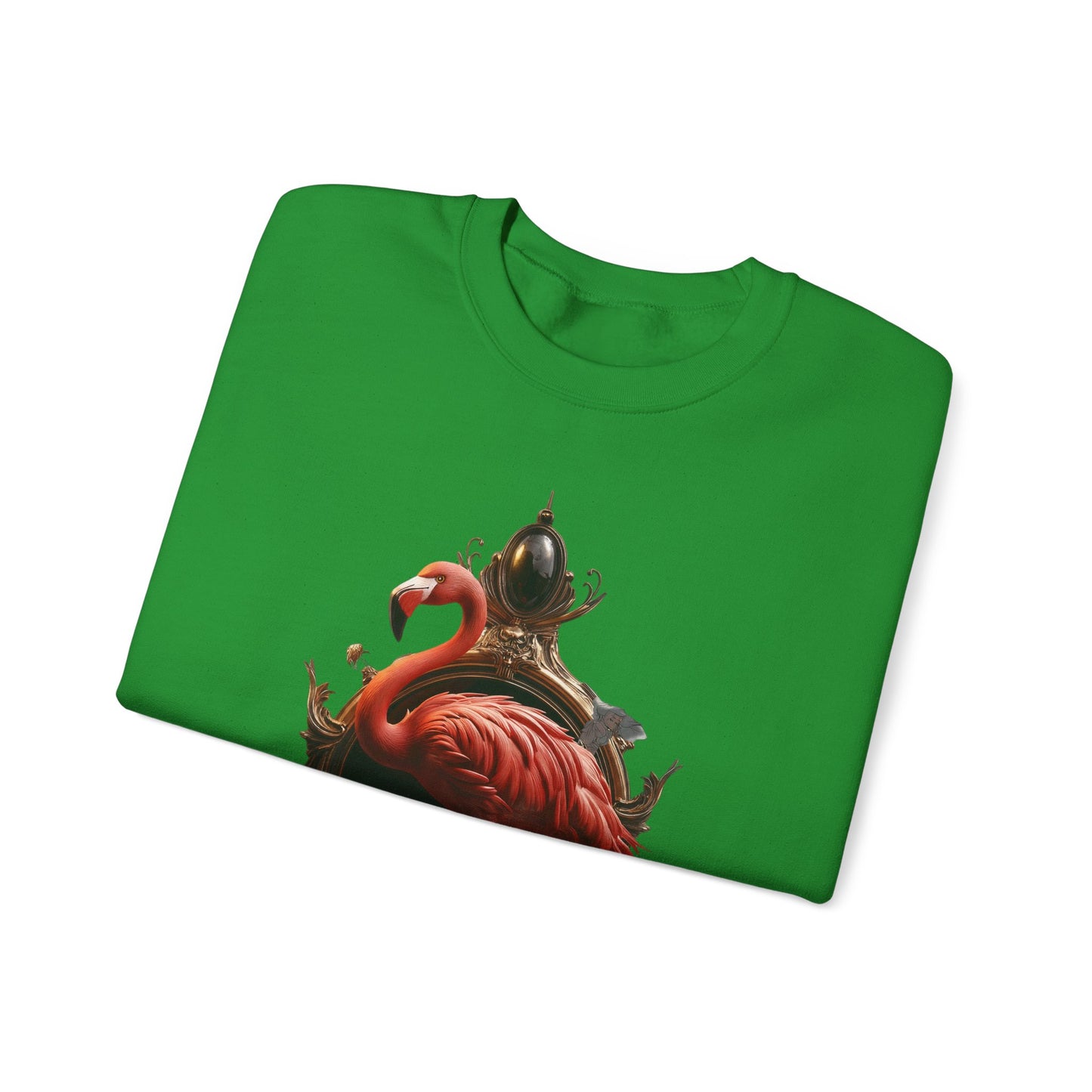 The Ritz Flamingo Unisex Heavy Blend™ Crewneck Sweatshirt – Ornate Gold Frame with Crimson Bird and Whimsical Sentinel