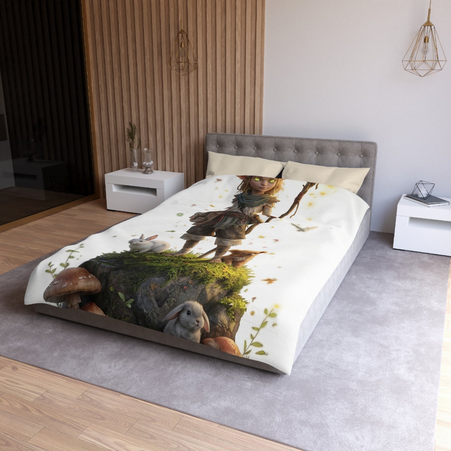Forest Guardian Child Microfiber Duvet Cover – Mossy Rock Haven with Whispering Animals