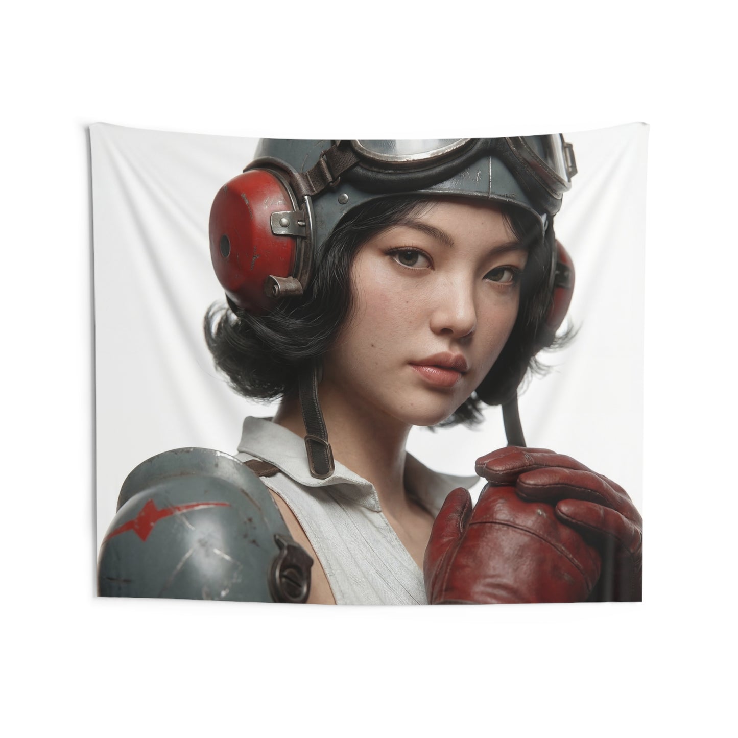Vintage Pilot Portrait Indoor Wall Tapestries – Crimson Goggles & Steel Resolve