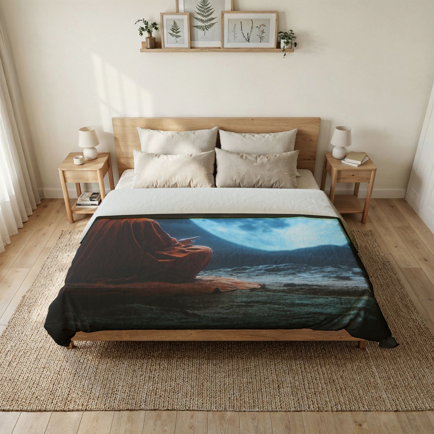 Moonlit Monk Cotton Duvet Cover – Stillness Beneath the Celestial Glow