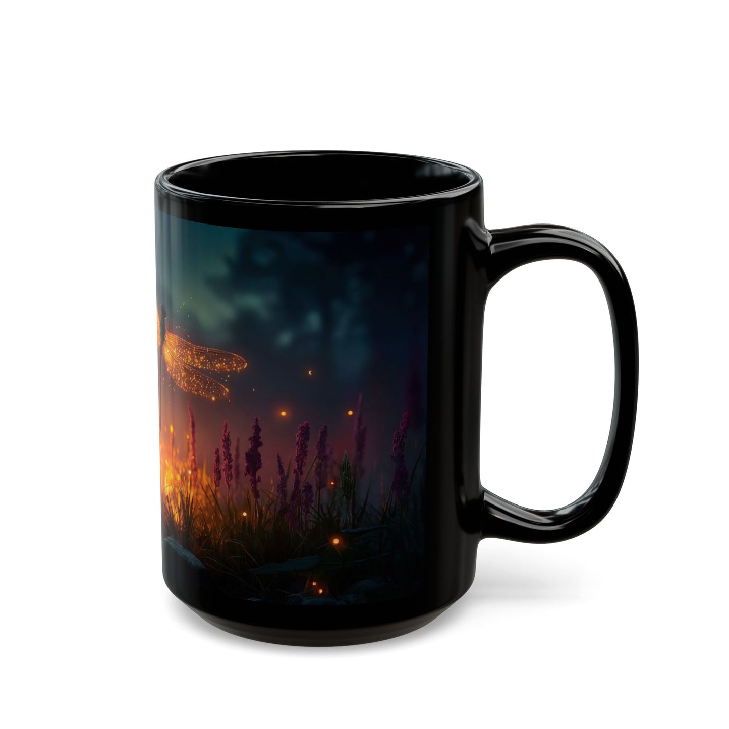 Glowing Dragonfly Black Mug – Twilight Meadow Dreamscape