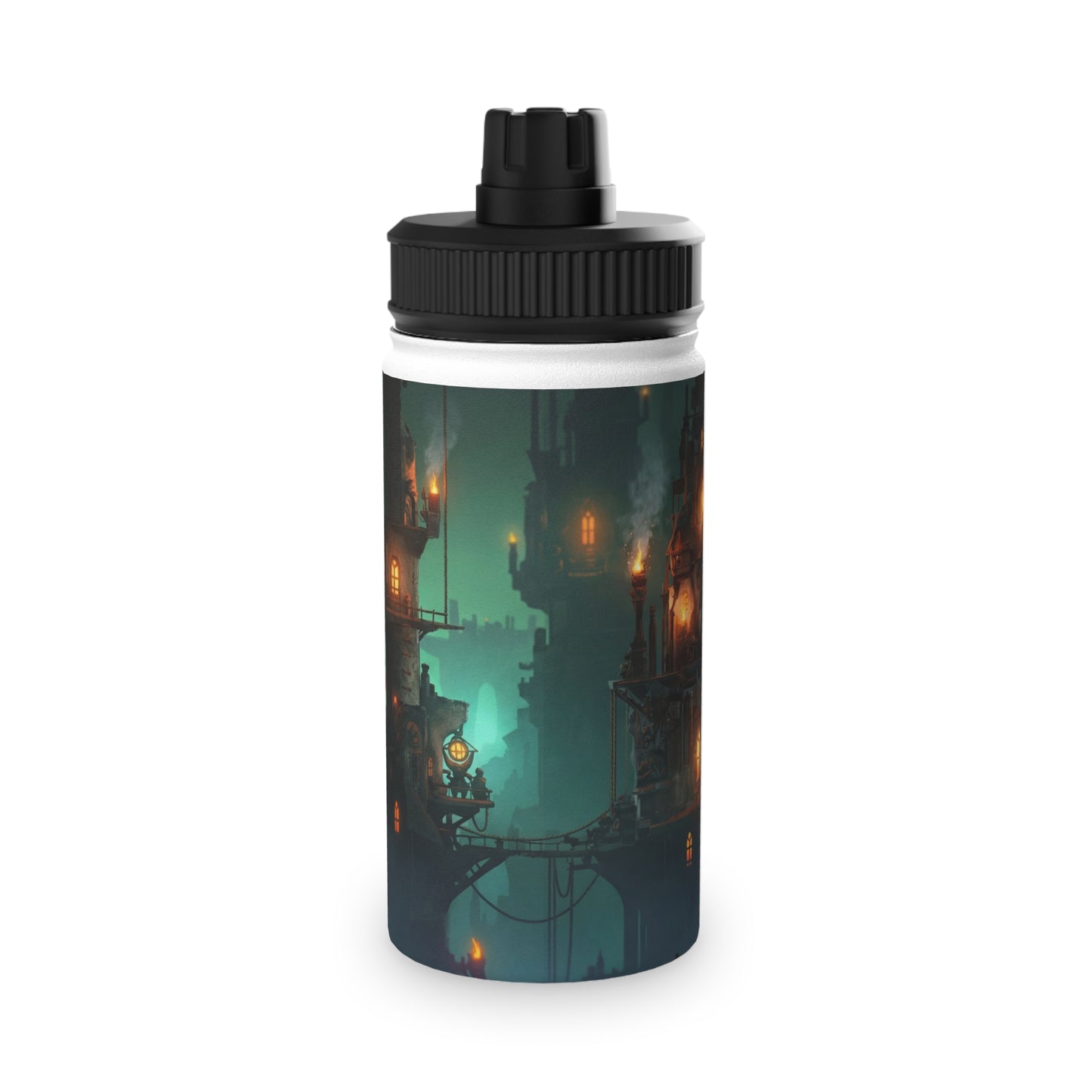 Floating City at Dusk Stainless Steel Water Bottle, Sports Lid – Amber Lights in the Mist