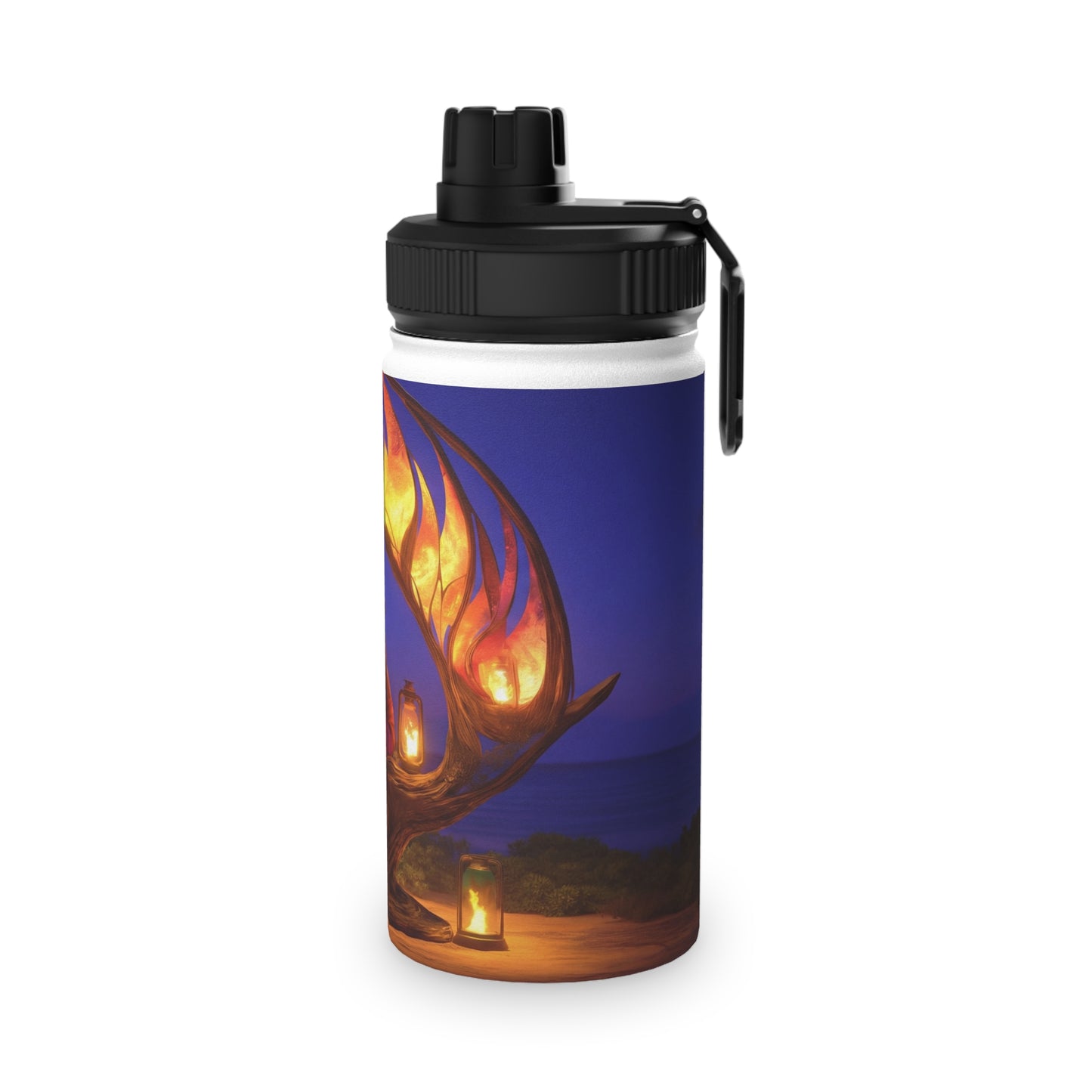 Luminous Phoenix Arch Water Bottle – Twilight Sanctuary with Hanging Lanterns