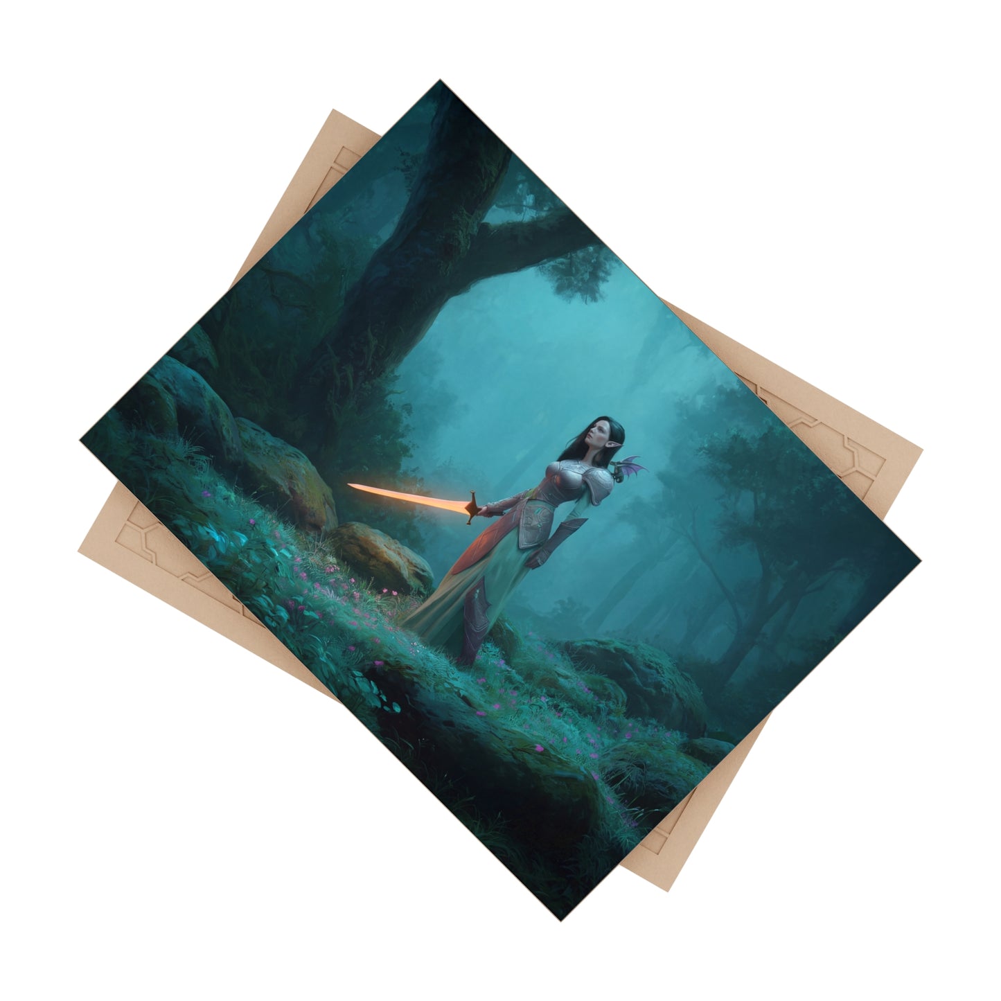 Elven Warrior with Glowing Sword Ceramic Photo Tile – Twilight Guardian of the Misty Grove