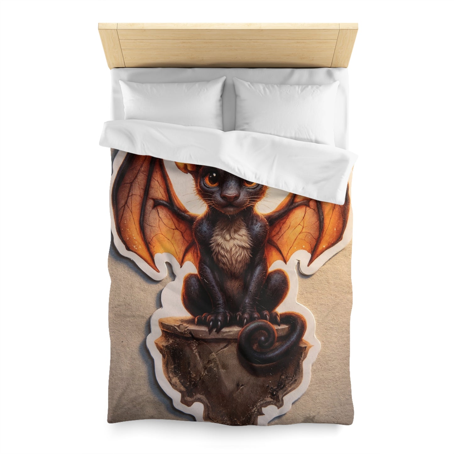 Winged Feline Sentinel Microfiber Duvet Cover – Amber Glow in Shadowed Gaze