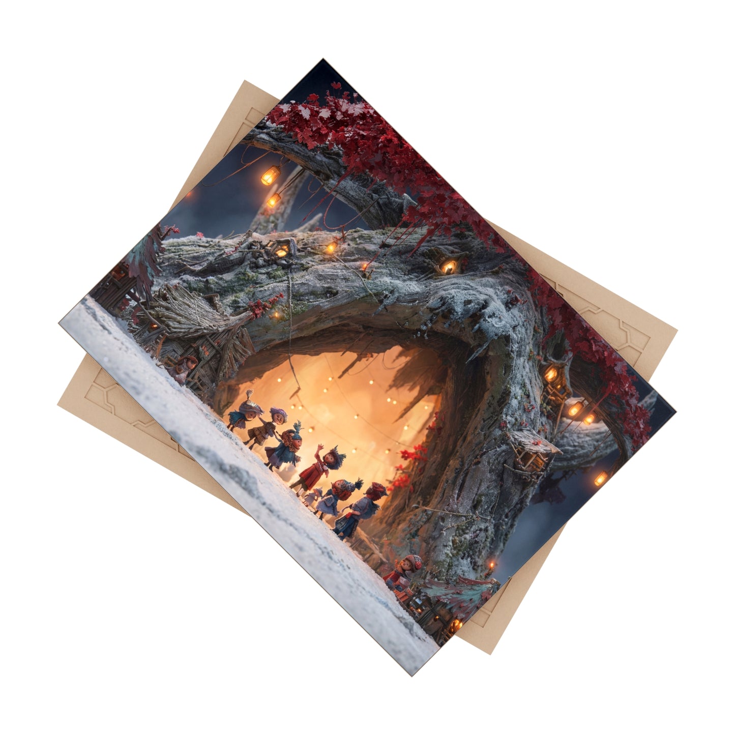 Winter Treehouse Village Ceramic Photo Tile – Snow-Dusted Folk Gathering