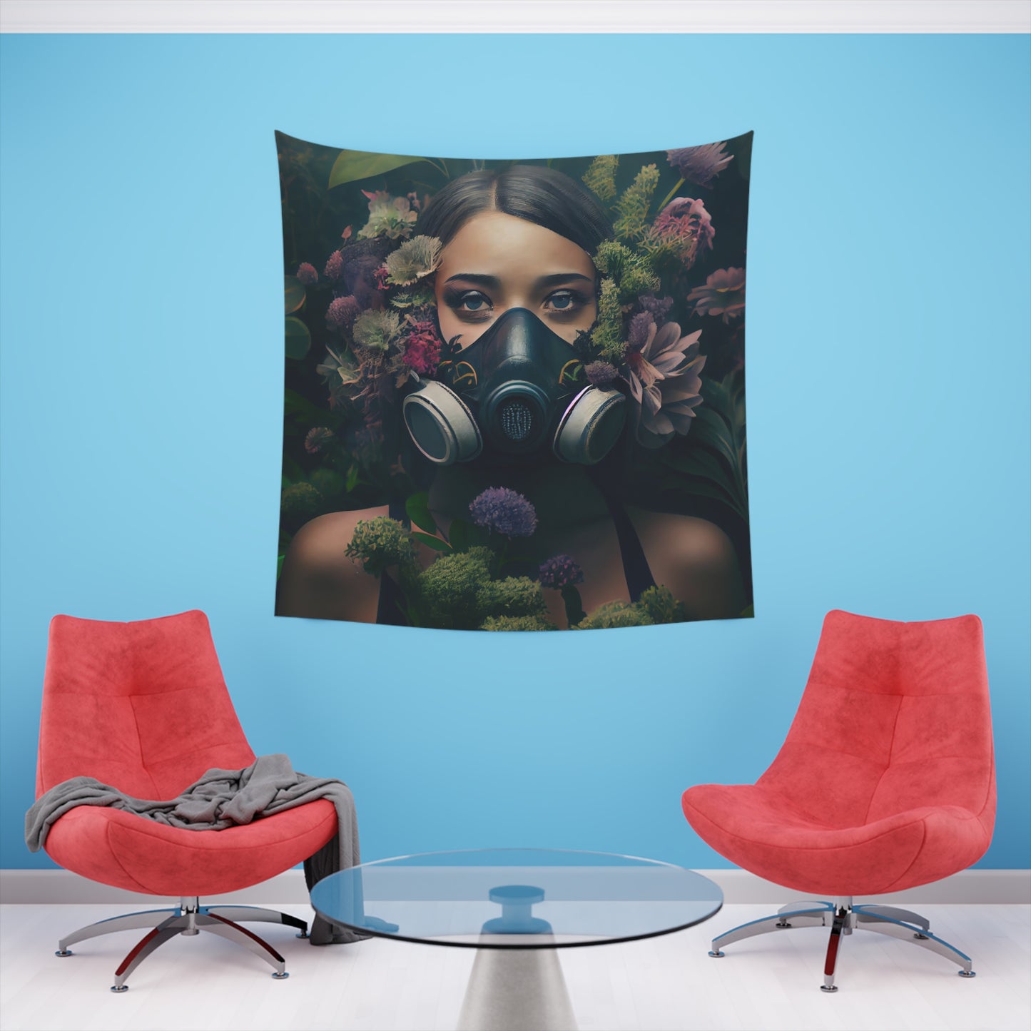 a beautiful woman wearing a gas mask filled with plants and flowers and moss - Printed Wall Tapestry