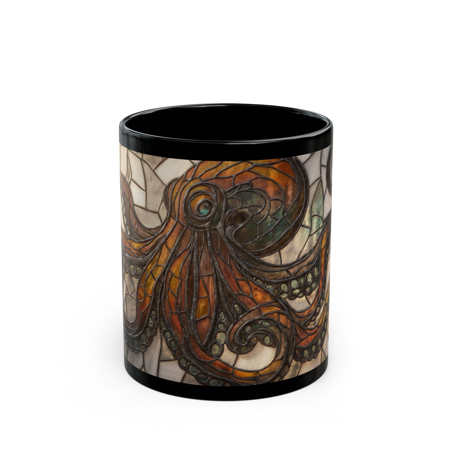 Art Nouveau Octopus Stained Glass Mug – Warm Amber Depths Design