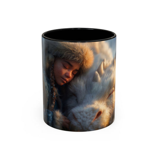 Winter Guardian Accent Coffee Mug (11, 15oz) – Fur-Hooded Child Sleeping Beside White Dragon Sentinel