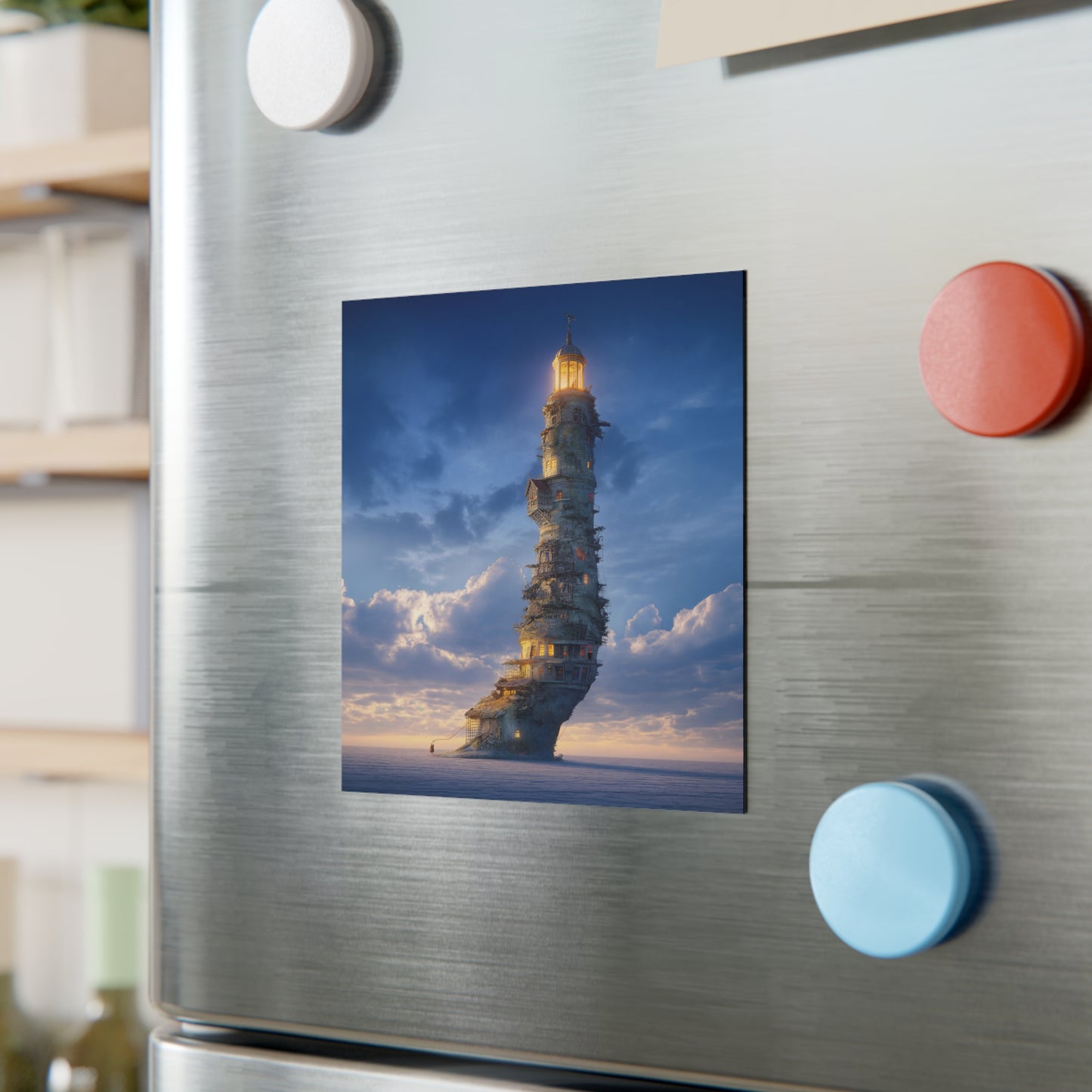 Skyborne Lighthouse Square Magnet – Twilight Beacon in the Clouds