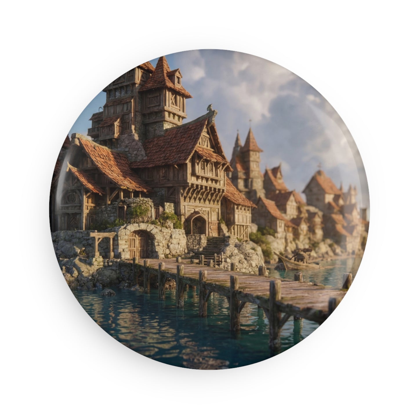 Coastal Viking Village Button Magnet, Round (1 & 10 pcs) – Sunlit Harbor Whispers