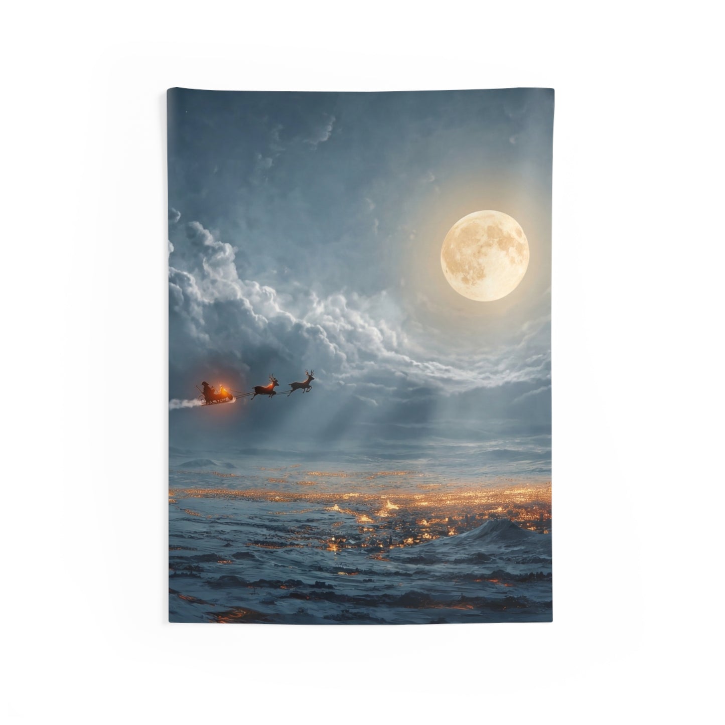 Moonlit Sleigh Ride Indoor Wall Tapestries – Winter’s Silent Journey Over Snow-Covered Town