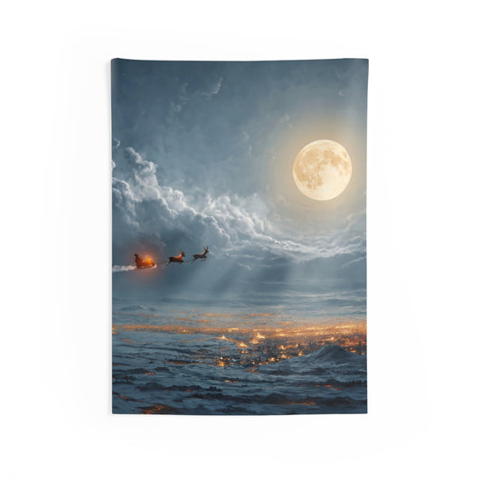 Moonlit Sleigh Ride Indoor Wall Tapestries – Winter’s Silent Journey Over Snow-Covered Town
