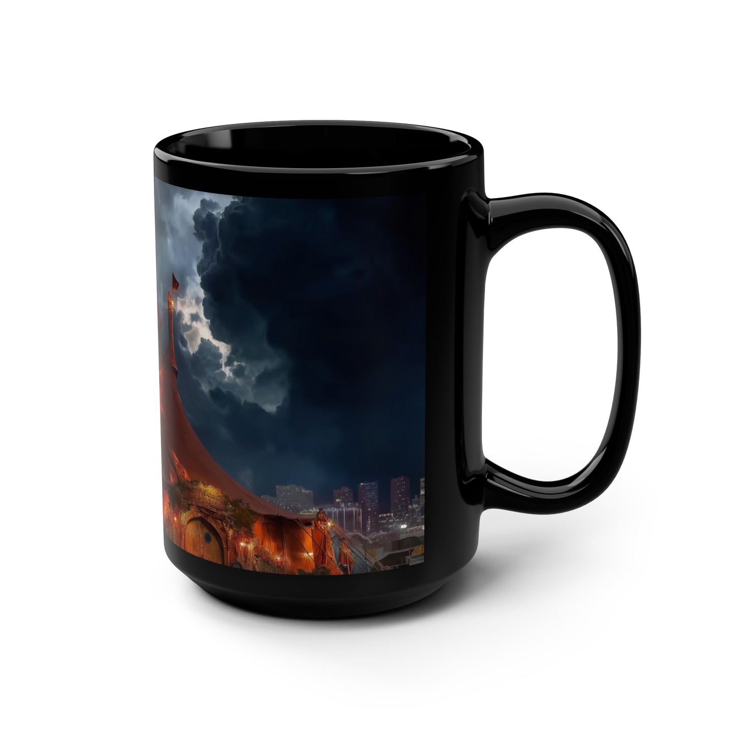 Storm Circus Tent Black Mug, 15oz – Gothic Carnival Under Thunder