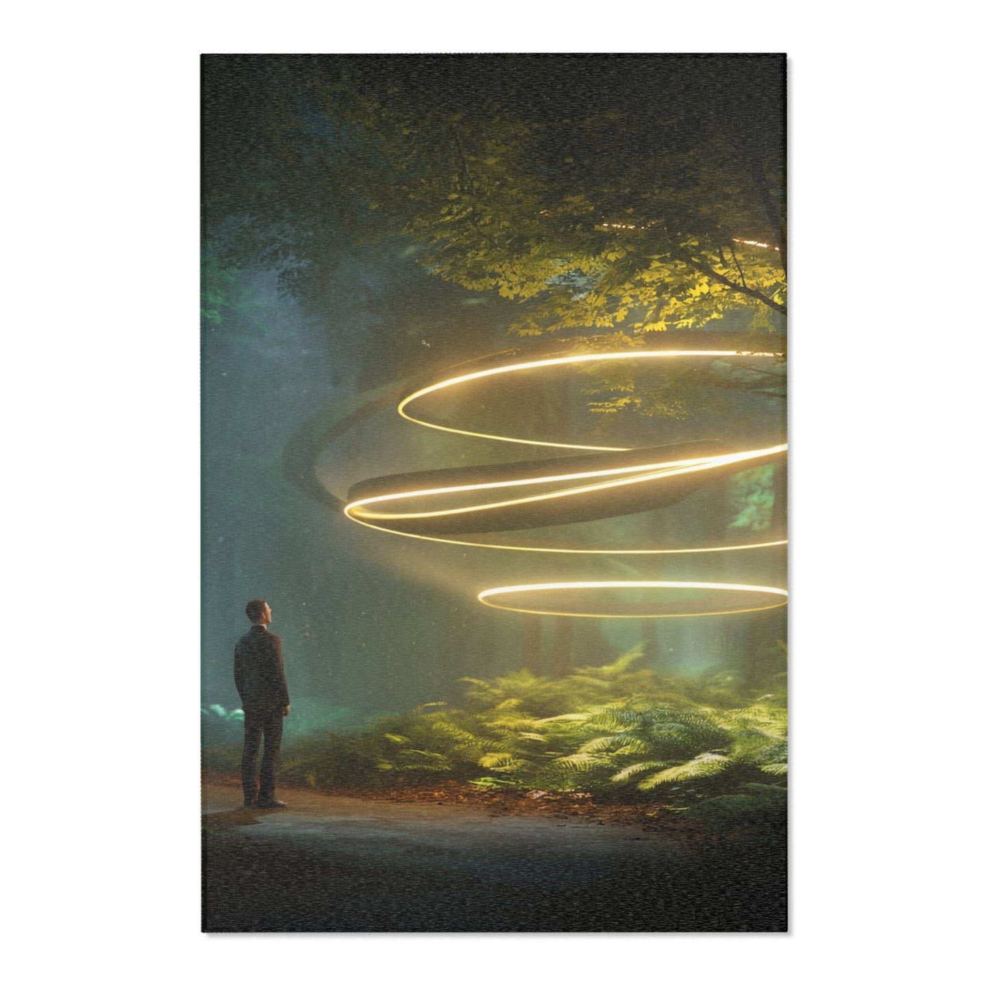 Luminous Spiral Forest Rug – Golden Orb Sanctuary