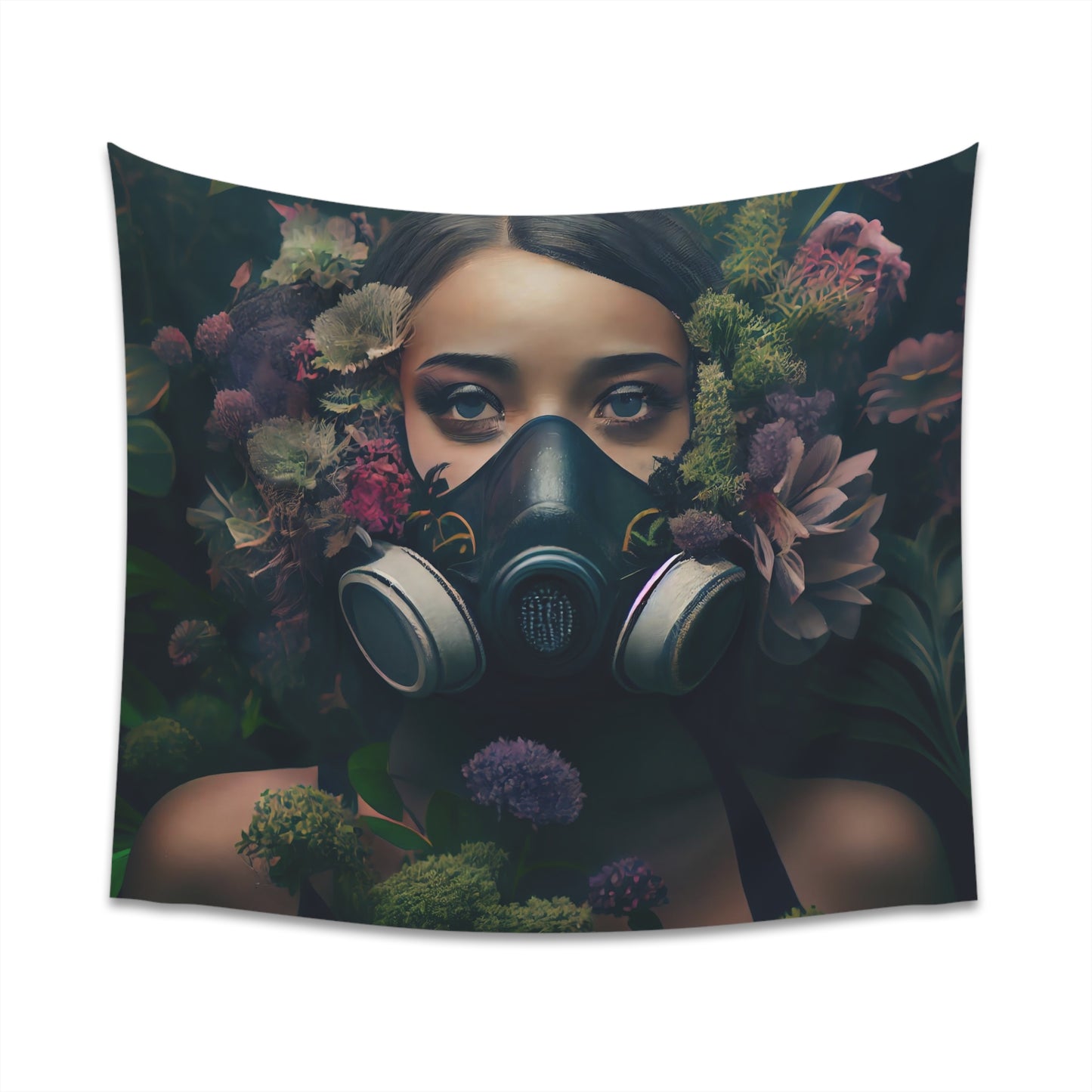 a beautiful woman wearing a gas mask filled with plants and flowers and moss - Printed Wall Tapestry