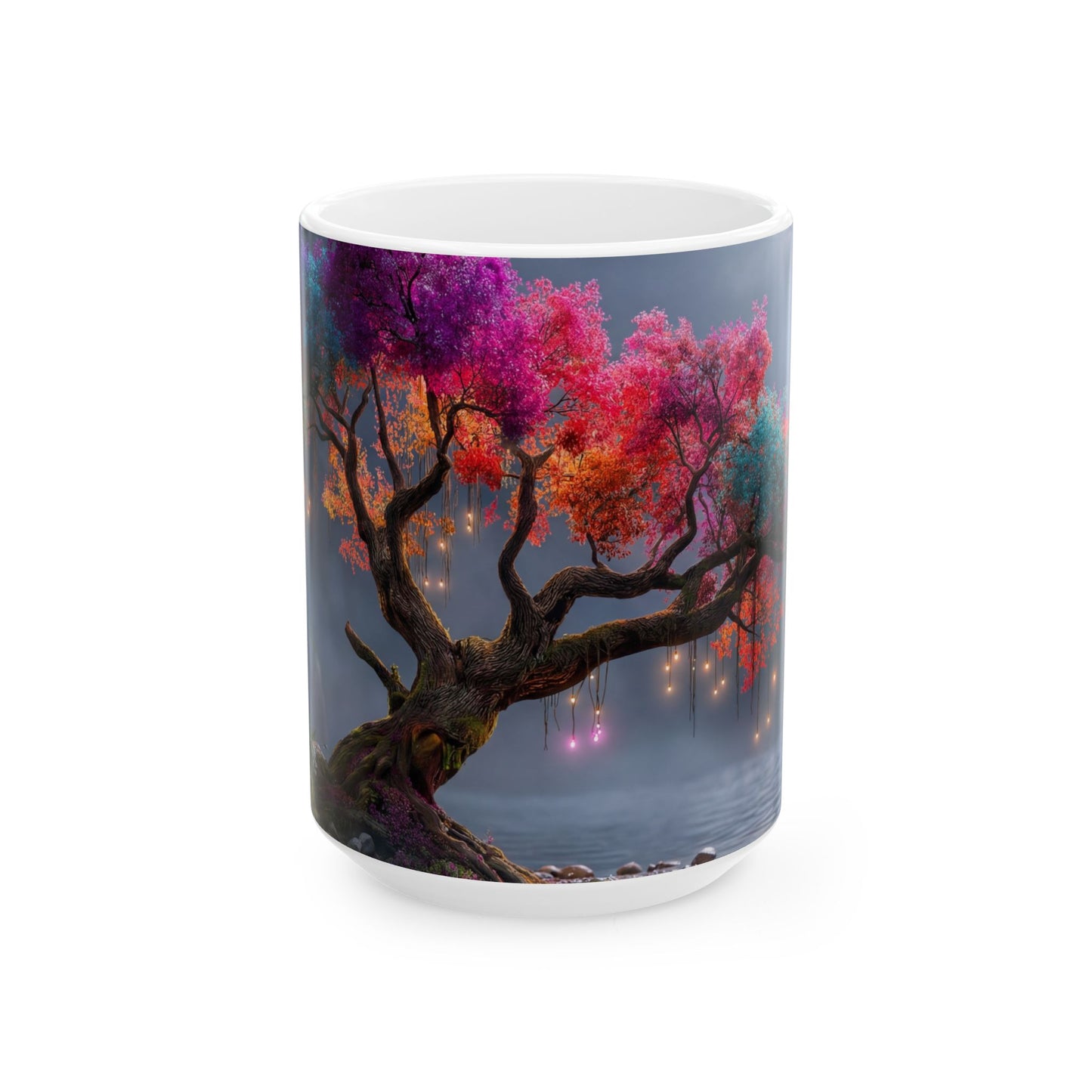 Chromatic Dream Tree Ceramic Mug – Moonlit Rainbow Canopy