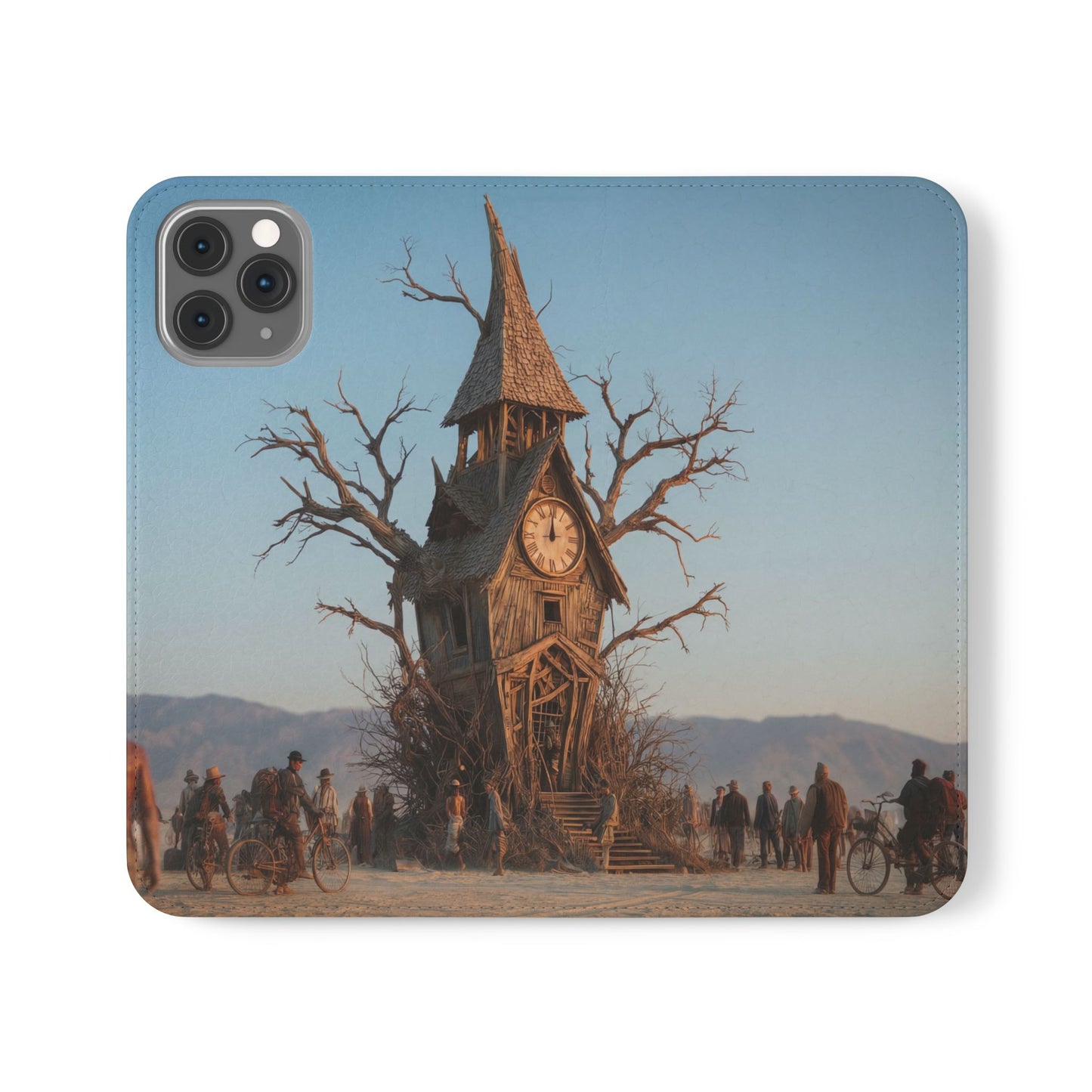 Clocktower Wanderers Flip Cases – Dusty Desert Sentinel Scene