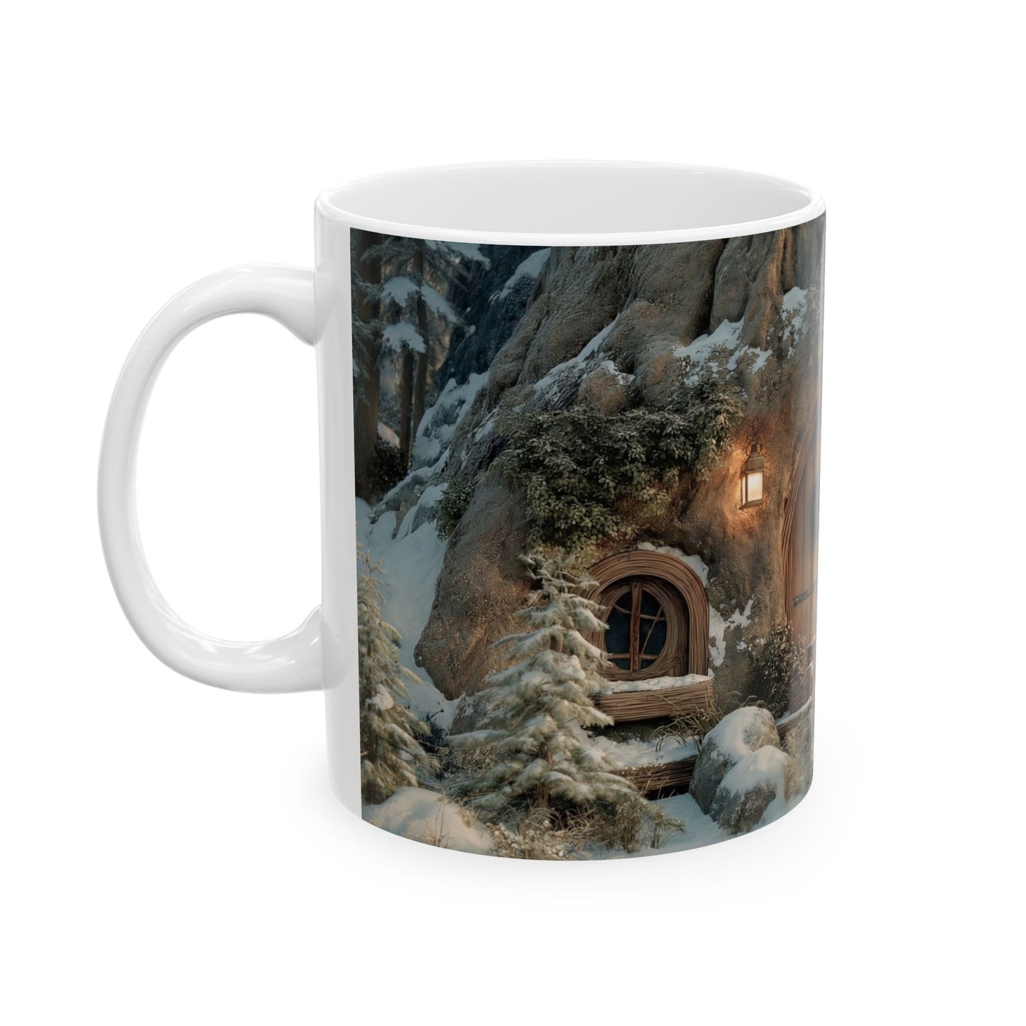 Winter Treehouse Doorway Mug – Snowbound Hearth Glow Ceramic (11oz, 15oz)