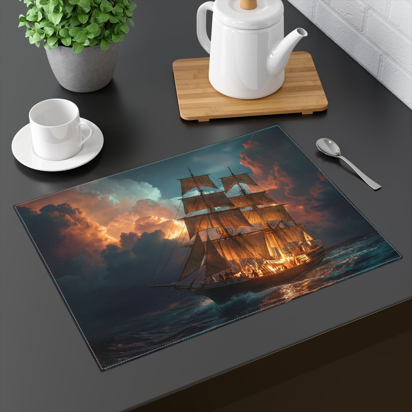 Starlit Galleon Placemat – Voyage Through Crimson Skies