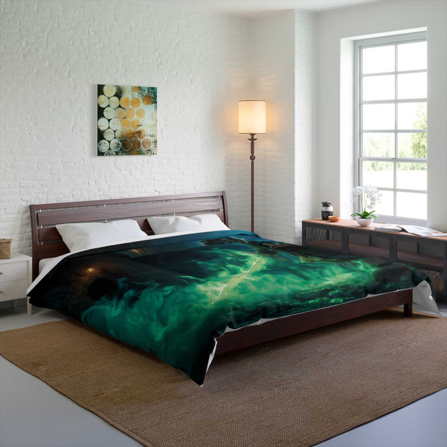 Green Flame Guardian Comforter – Steampunk Gnome Sentinel Bedding